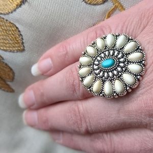 Boho ring with turquoise & white Country Chic costume jewelry.